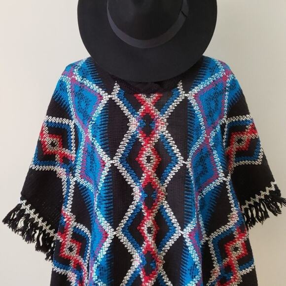 Molina VINTAGE Folk Mexican Western Aztec Fringe Poncho Boho Festival Black Red - Picture 2 of 5